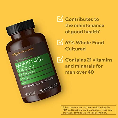 Amazon Elements Men's 40+ multivitamin bottle with health benefits listed.