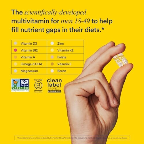 Hand holding a multivitamin supplement for men 18-49, highlighting key nutrients.