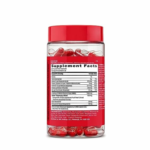 Bottle of red capsules with supplement facts label