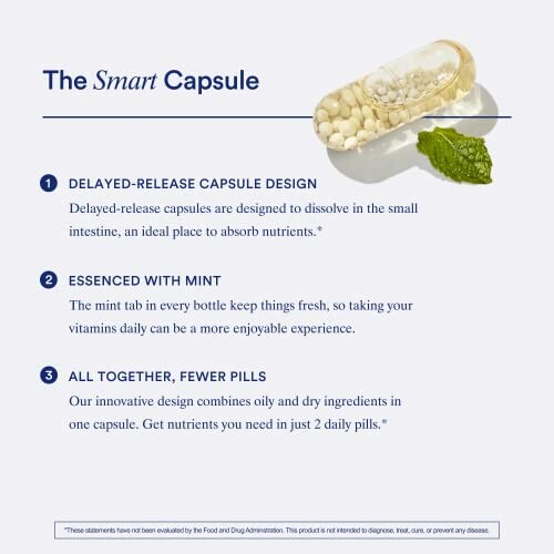 Smart capsule benefits: delayed-release, mint essence, fewer pills.