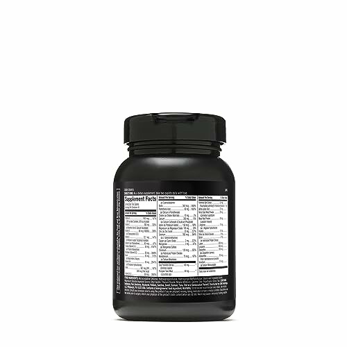 Back view of a black supplement bottle with nutritional information label.